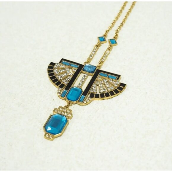 Art Deco Style Gold Chain Blue Crystal Statement Necklace - Picture 4 of 4